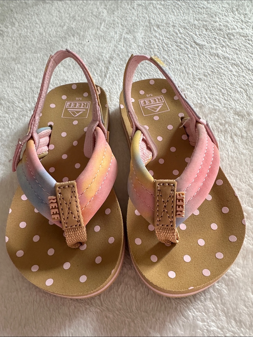 Reef Youth Girls 5 / 6 Little Ahi Brown Pink Polka Dot Thong Sandals Cute Resort